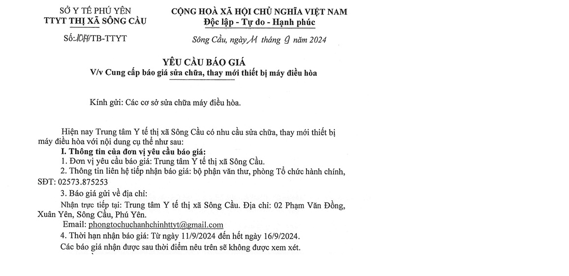 YCBG về việc sứa chữa, thay mới thiết bị máy điều hòa 